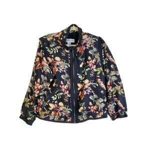 Lavon Silk Floral Black Full Zip Windbreaker Jacket Women’s Medium Retro Boho